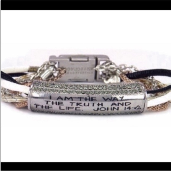 Inspirational Silver Bracelet with Black and White Bands - Picture 1 of 10